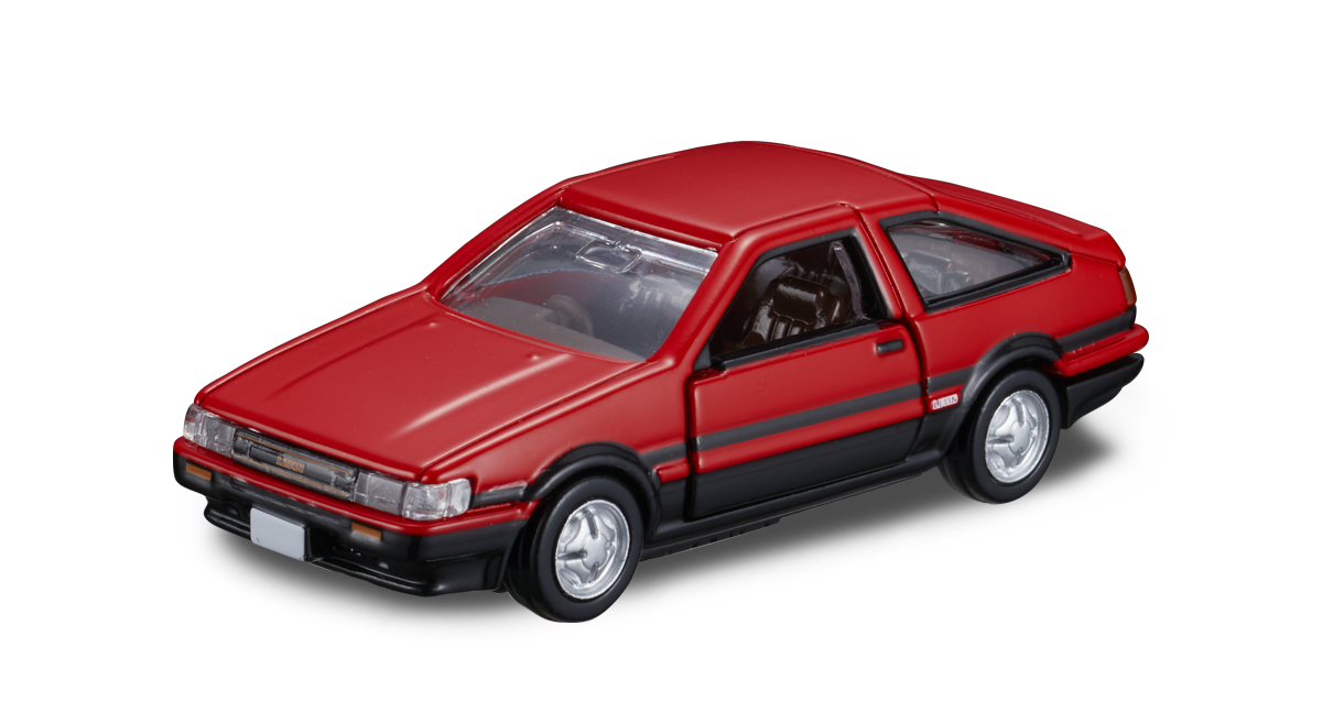 Auto Tomica Premium Toyota Corolla Levin rojo y negro, vista frontal en diagonal