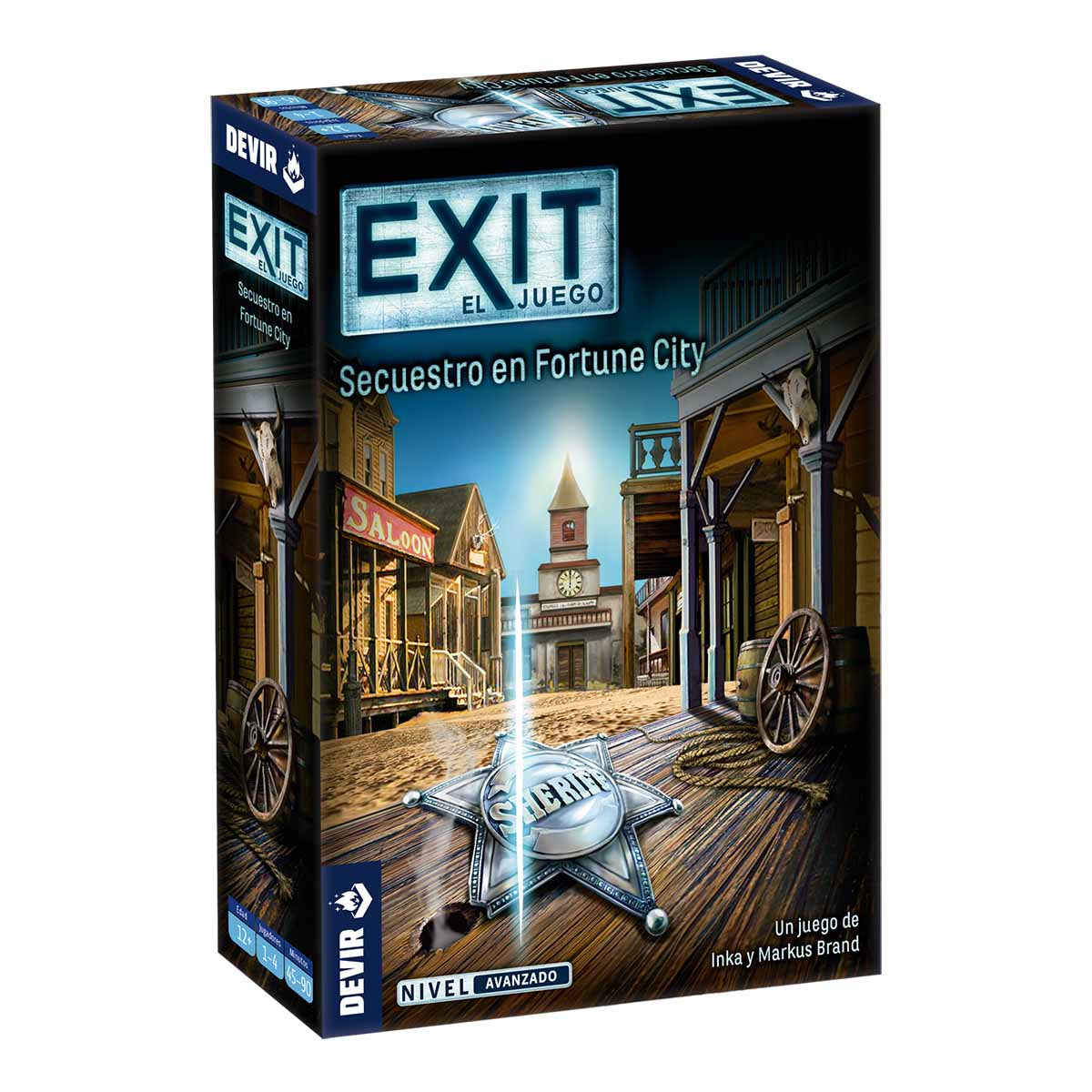 Caja de Exit Secuestro en Fortune City de Devir con placa de sheriff en un pueblo del oeste