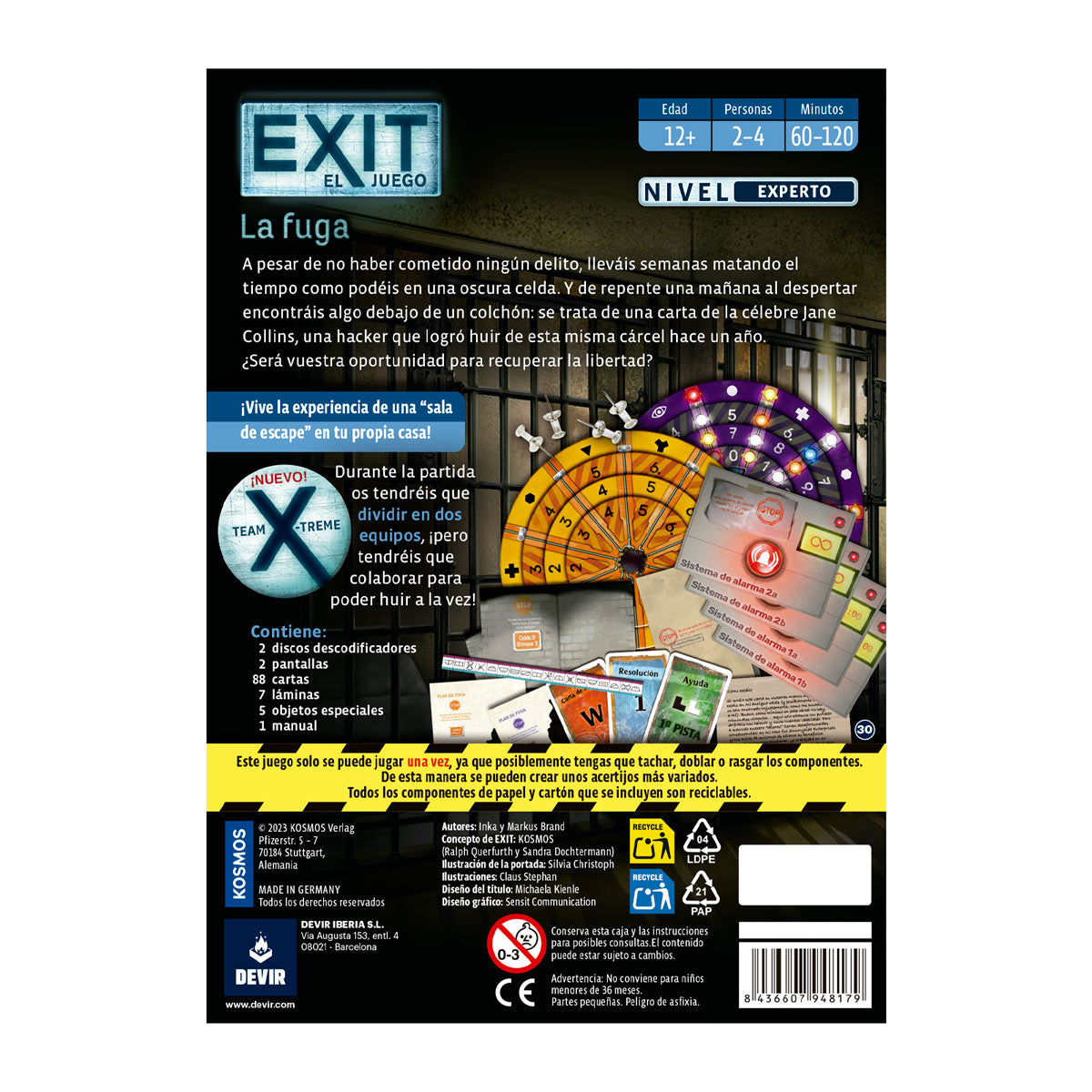 Reverso de la caja Exit La fuga con contenido, edad 12+, 2 a 4 personas y 60 a 120 minutos
