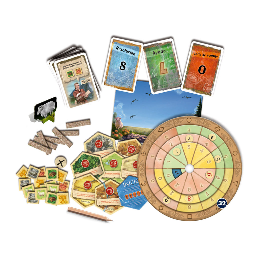 Componentes de Exit Aventuras en Catan: cartas, losetas hexagonales, disco descodificador y lápiz