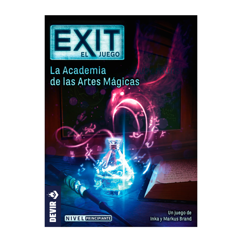 Portada de Exit La Academia de las Artes Mágicas con frasco mágico y nivel principiante
