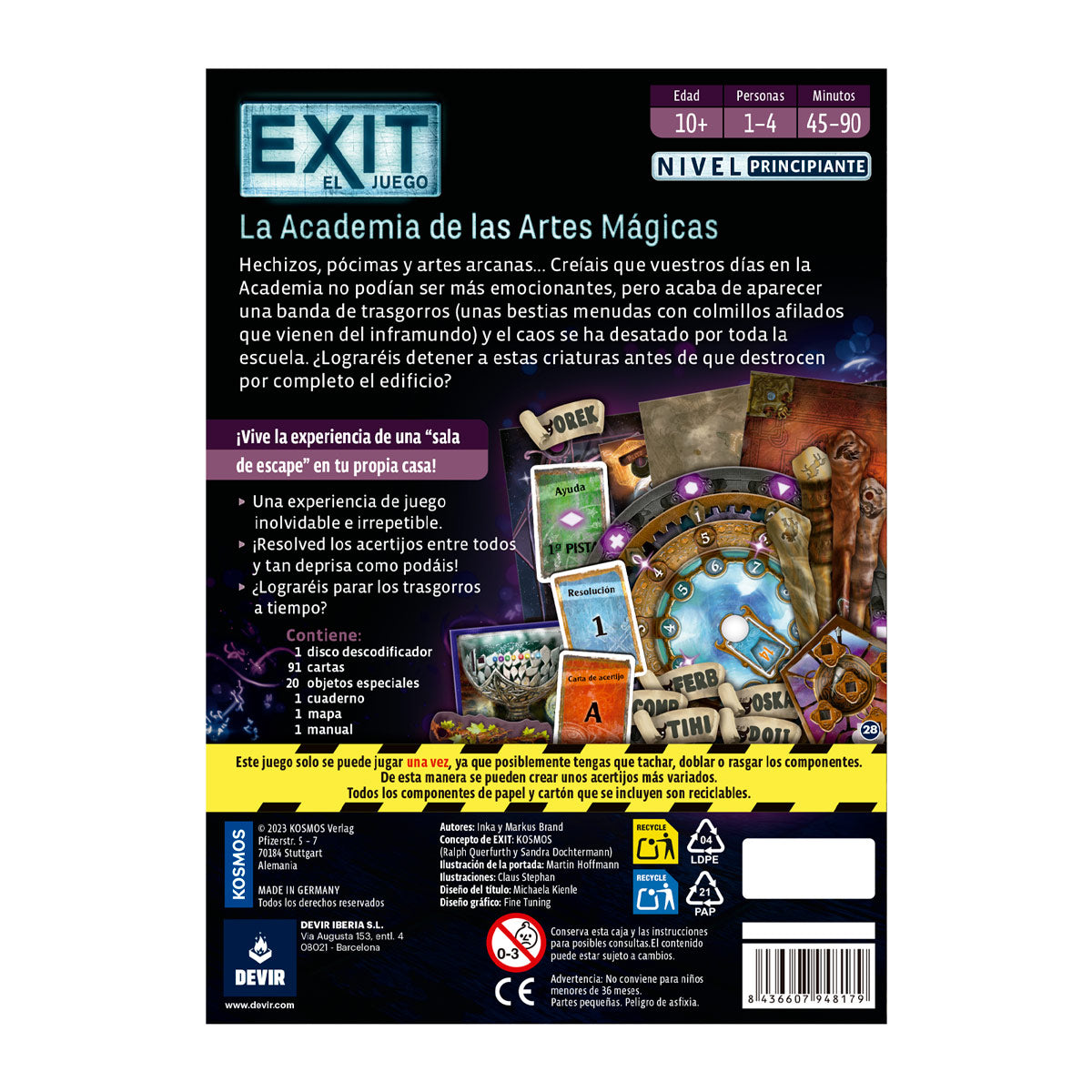 Contratapa de Exit La Academia de las Artes Mágicas con contenido y componentes del juego
