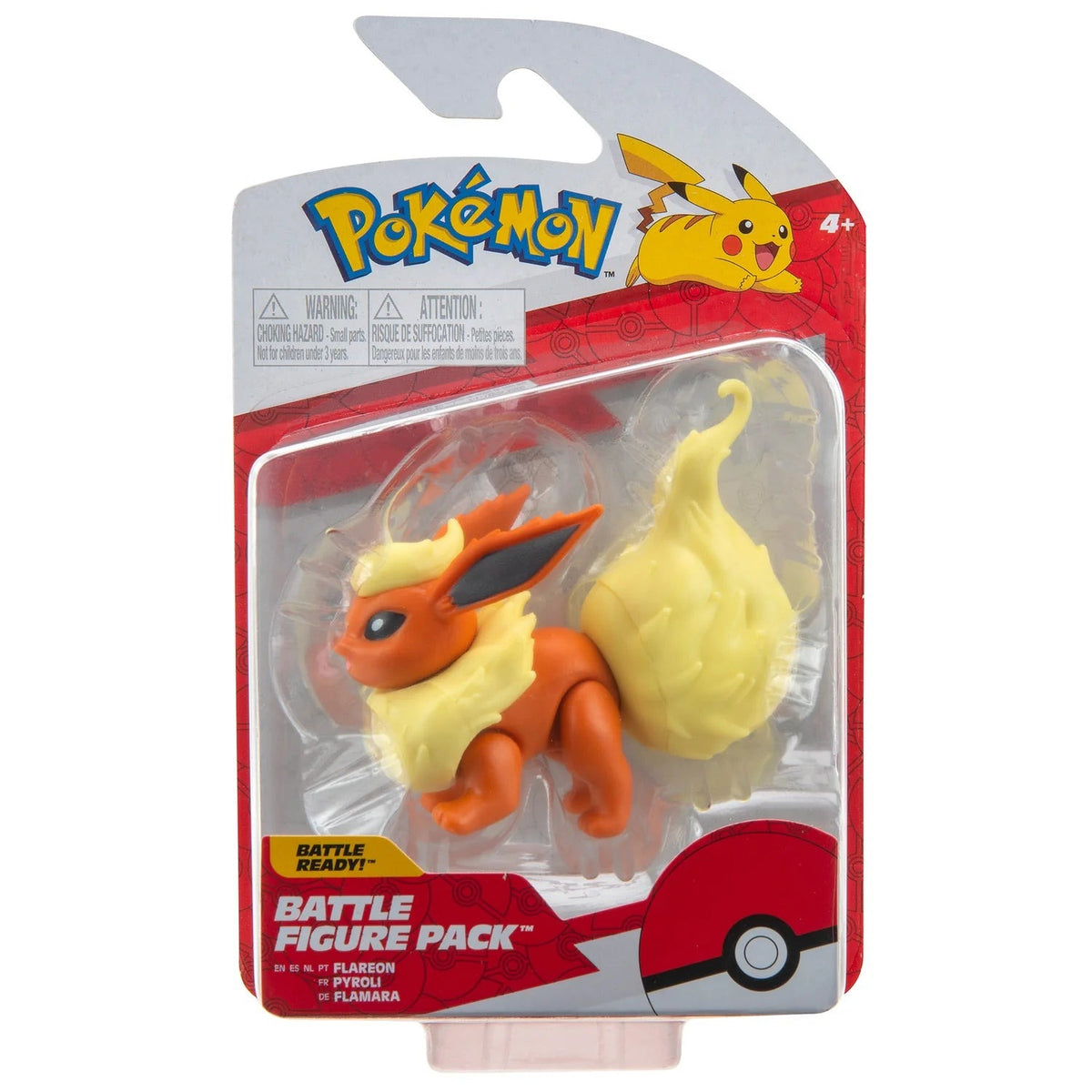 Figura Pokémon Flareon en blíster Battle Figure Pack de Jazwares, empaque frontal