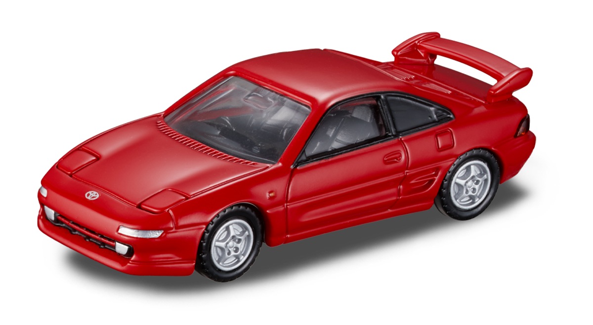 Auto Tomica Premium Toyota MR2 SW20 rojo con alerón trasero, vista frontal en diagonal