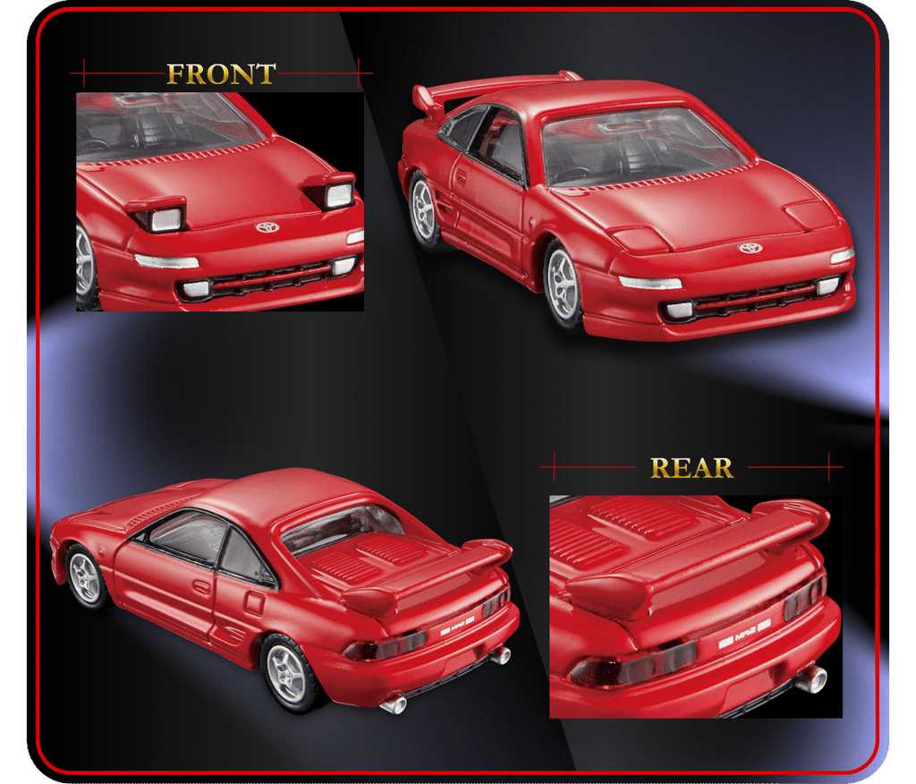 Detalles del Tomica Premium MR2 SW20: frontal con focos retráctiles abiertos y parte trasera