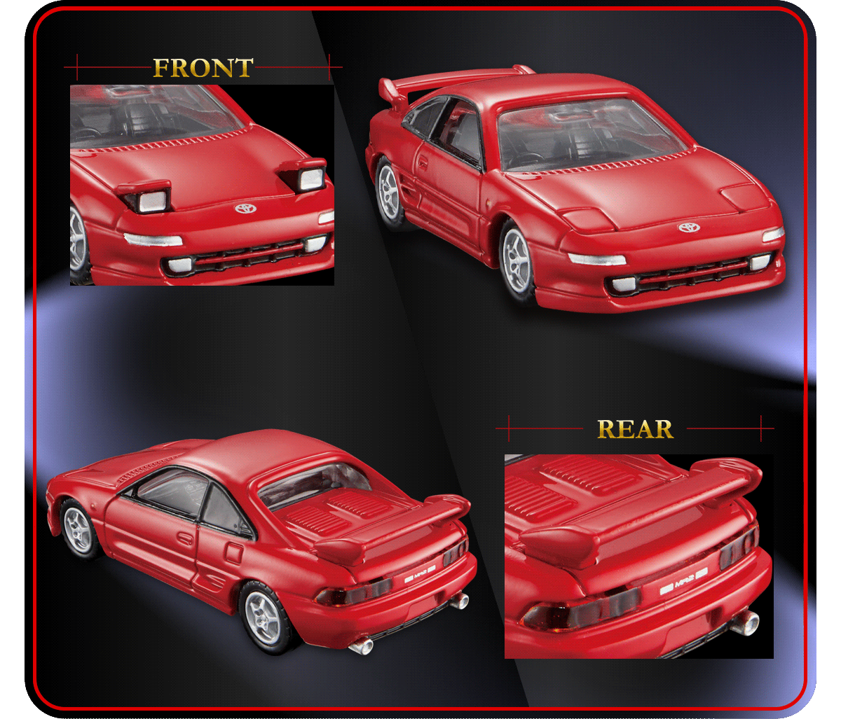 Detalles del Tomica Premium MR2 SW20: frontal con focos retráctiles abiertos y parte trasera