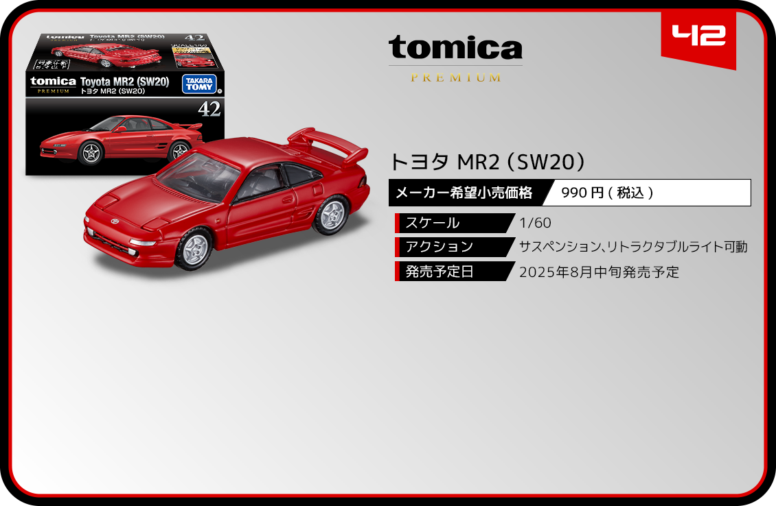 Caja Tomica Premium 42 Toyota MR2 SW20 junto al auto a escala 1/60