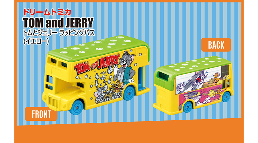 Bus amarillo de dos pisos Dream Tomica Tom y Jerry, vista frontal y trasera