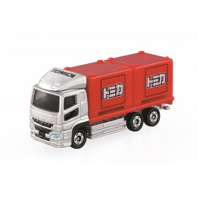 Tomica Mitsubishi Fuso Super Great con dos contenedores rojos vista frontal