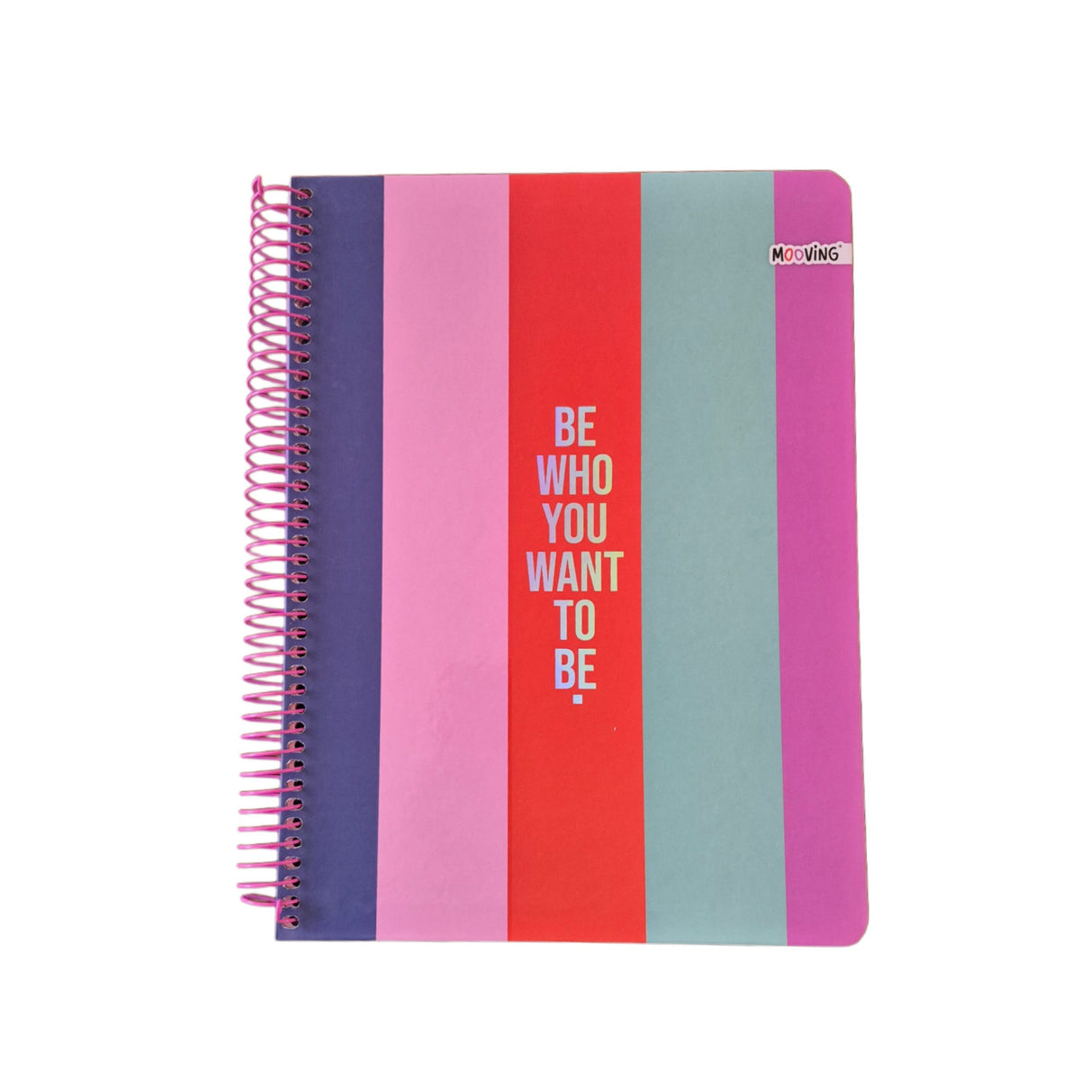 Cuaderno carta Mooving Fab con espiral y tapa de franjas de colores con la frase Be who you want to be