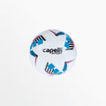Balón Capelli Sport Star Cubes Team blanco con cubos azul neón, rayas rosadas, negras y plateadas, vista frontal con logo