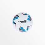 Balón Capelli Sport Star Cubes Team blanco con cubos azul neón, rayas rosadas, negras y plateadas, vista frontal con logo