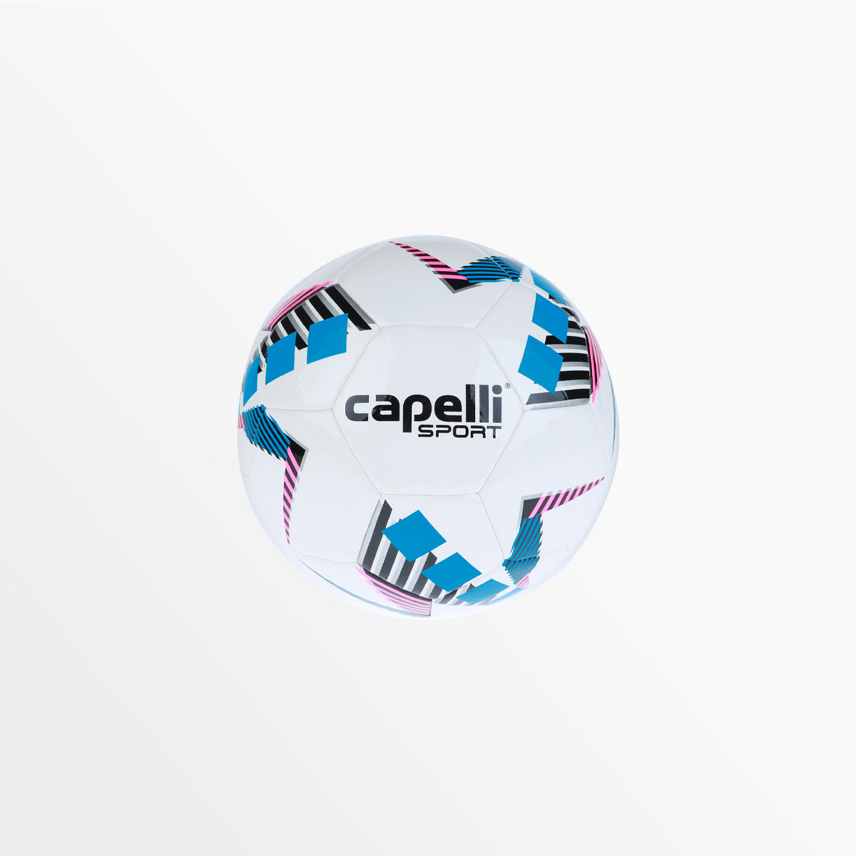 Balón Capelli Sport Star Cubes Team blanco con cubos azul neón, rayas rosadas, negras y plateadas, vista frontal con logo