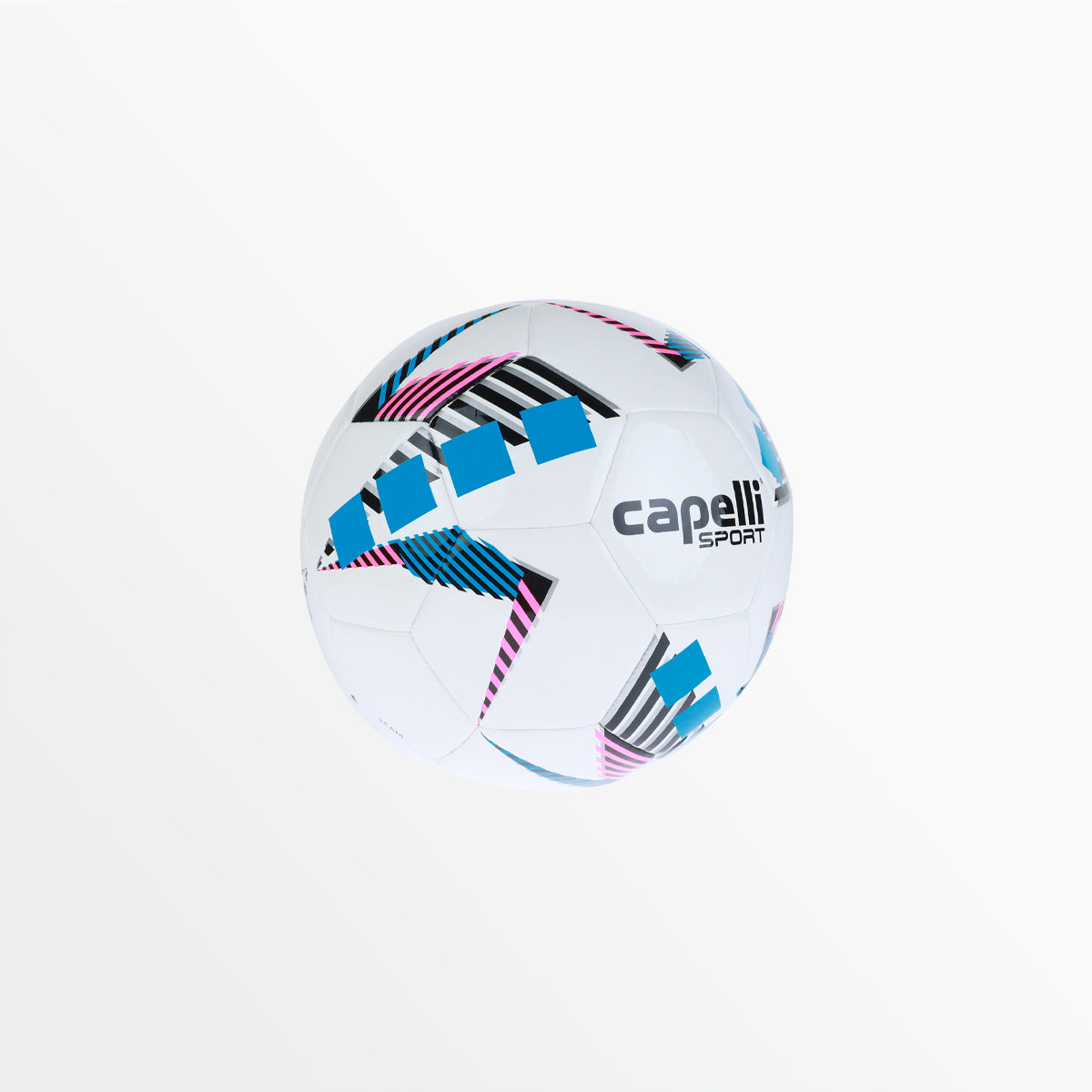 Balón de fútbol Capelli Sport Star Cubes Team en vista lateral, diseño de cubos azules y franjas rosadas