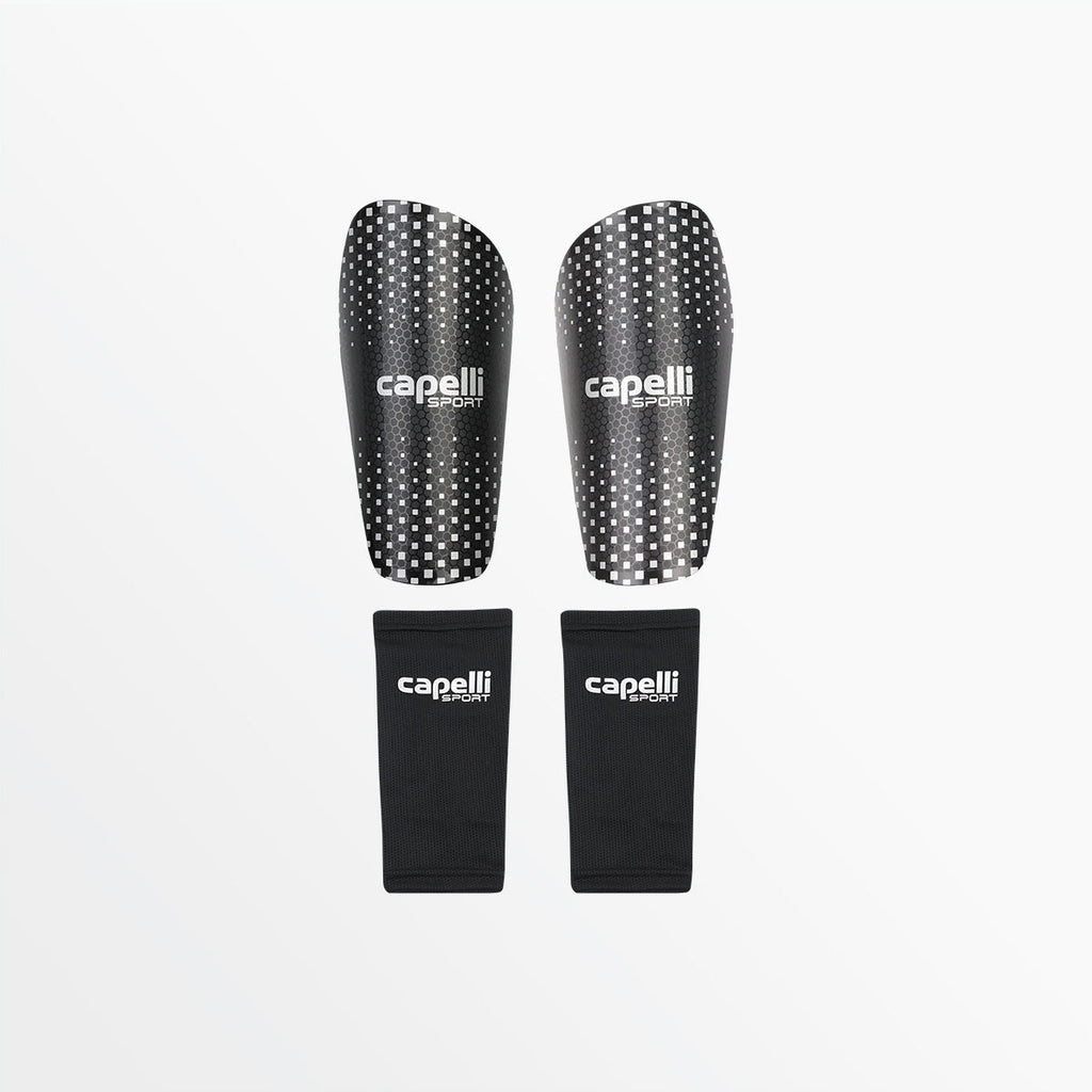 Par de canilleras Capelli Sport Fusion Lite II negras con sus manguitos elásticos