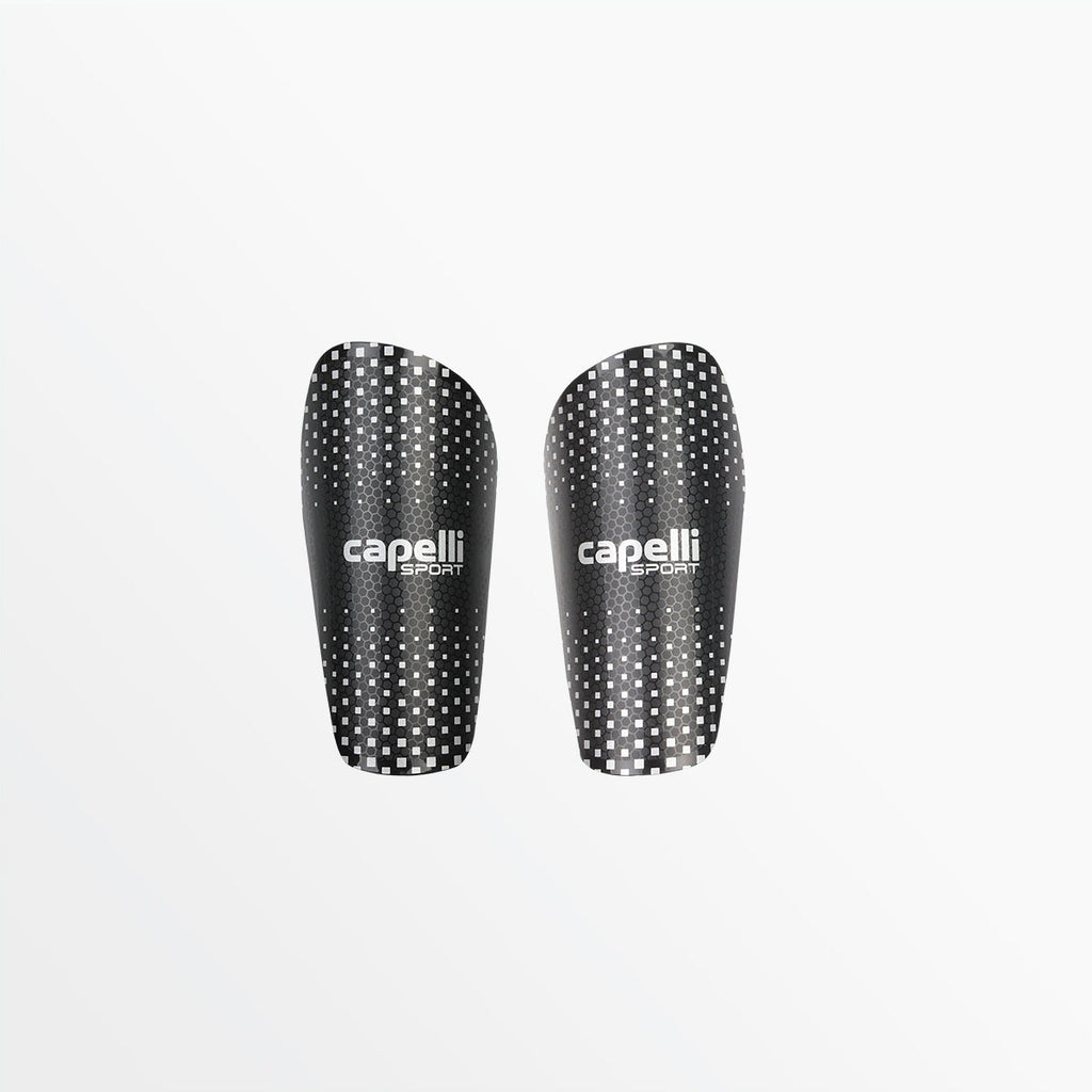 Par de canilleras negras con diseño de puntos plateados y logo Capelli Sport