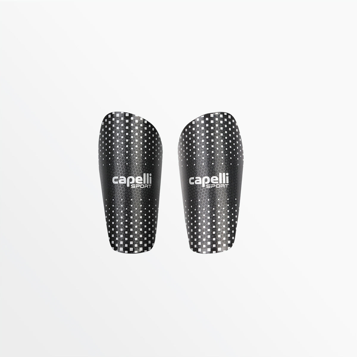 Par de canilleras negras con diseño de puntos plateados y logo Capelli Sport