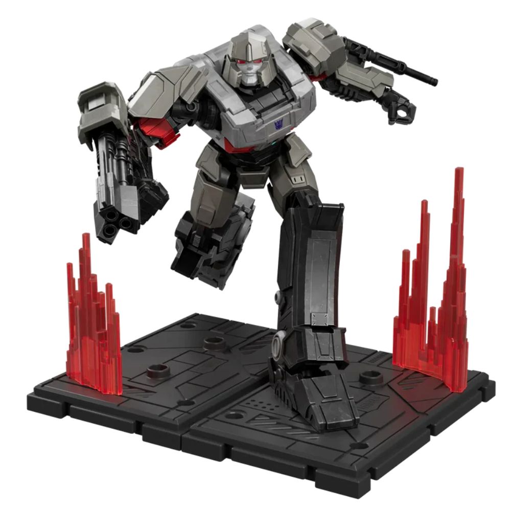 Megatron en pose de salto sobre la base de exhibición con efectos rojos