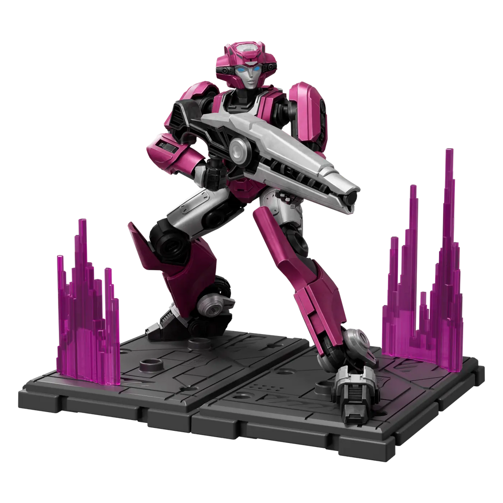 Elita-1 en pose de combate sobre una base con cristales