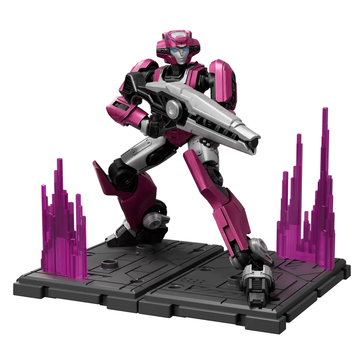 Elita-1 en pose de combate sobre una base con cristales