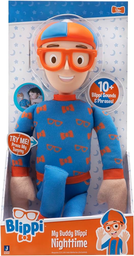 Peluche My Buddy Blippi Nighttime en pijama azul dentro de su caja