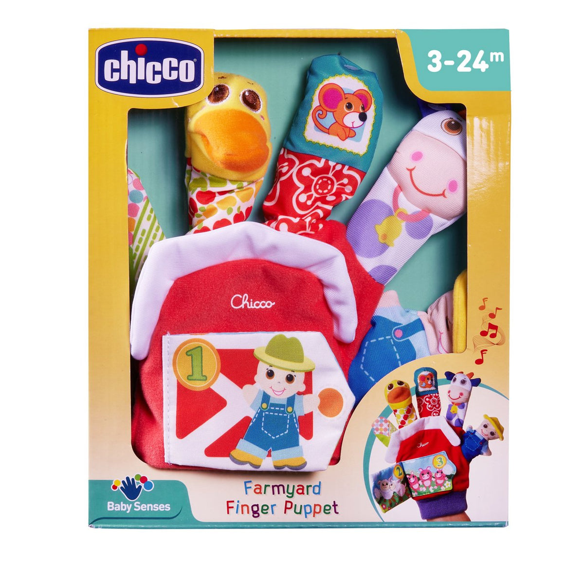 Caja del guante cuentacuentos Chicco con títeres de pato, vaca y granjero, 3 a 24 meses