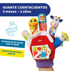 Guante cuentacuentos Chicco puesto en la mano con títeres de dedo de animales de granja