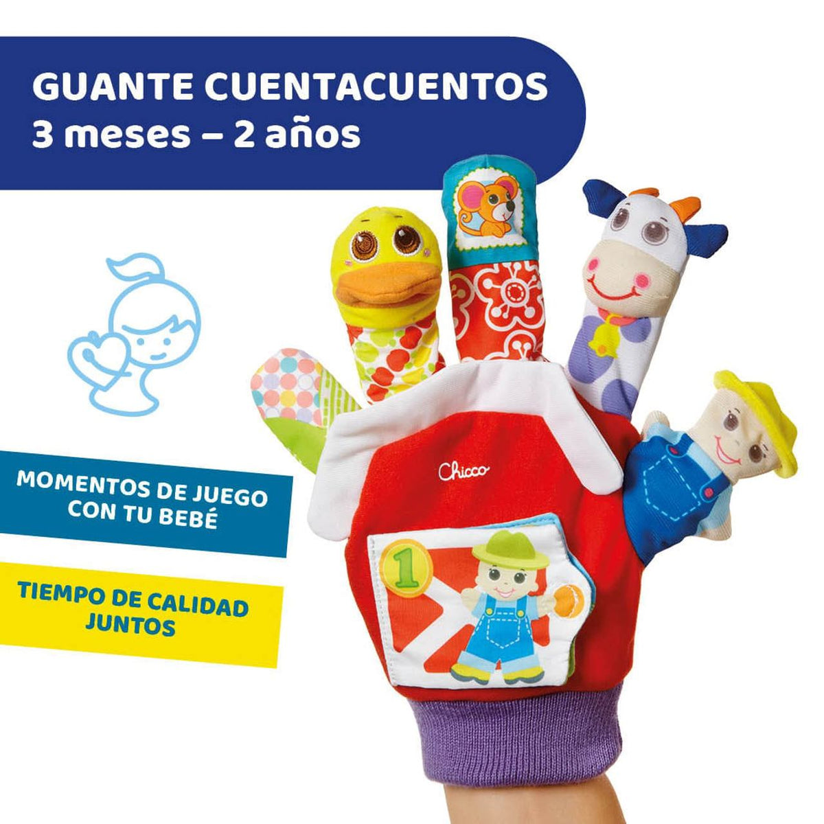 Guante cuentacuentos Chicco puesto en la mano con títeres de dedo de animales de granja