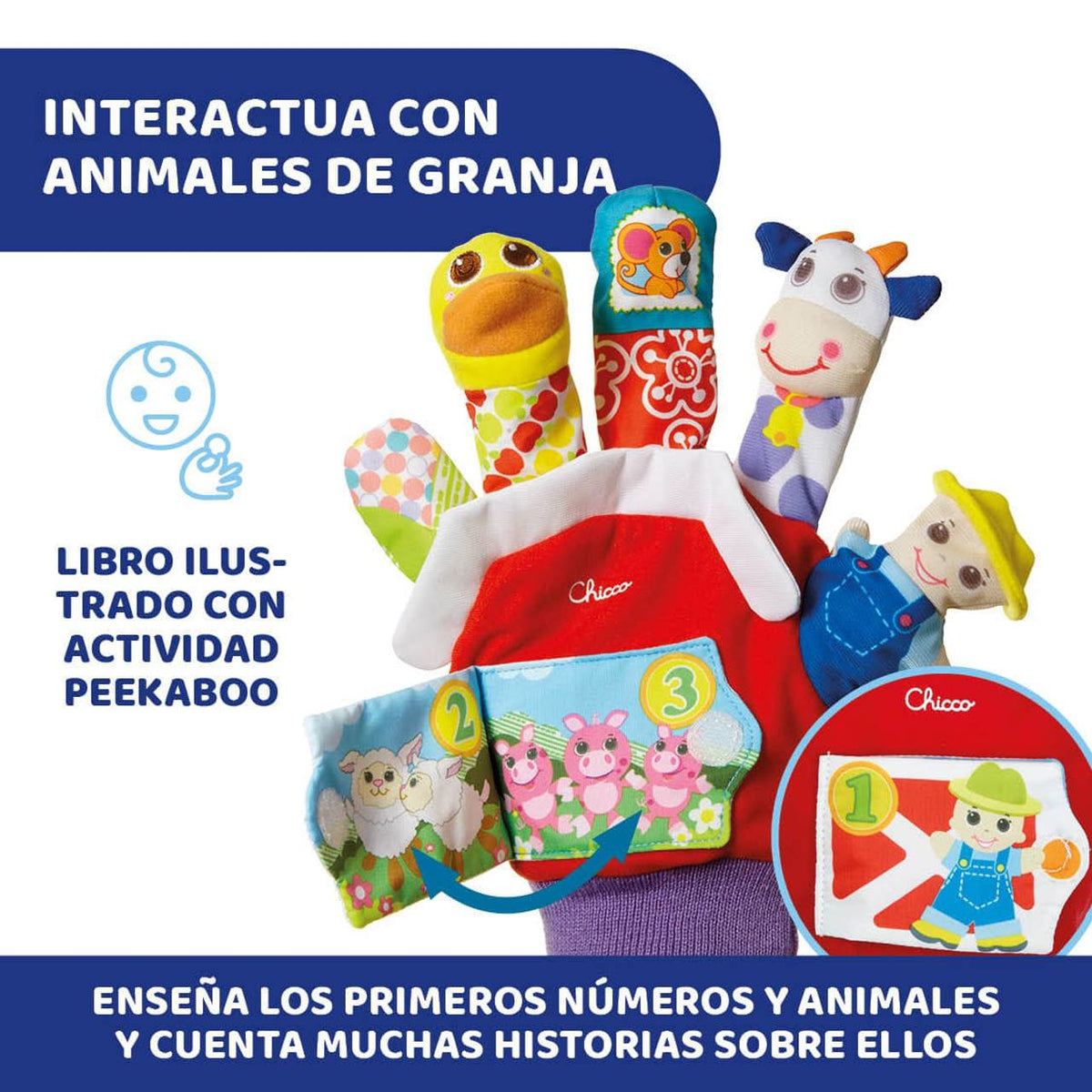 Guante Chicco con libro de tela ilustrado para contar granjero, ovejas y cerdos
