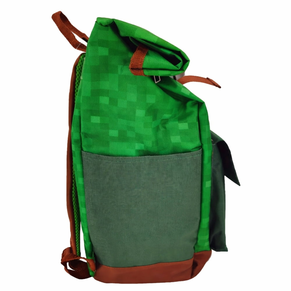 Mochila Minecraft verde, vista lateral con bolsillo
