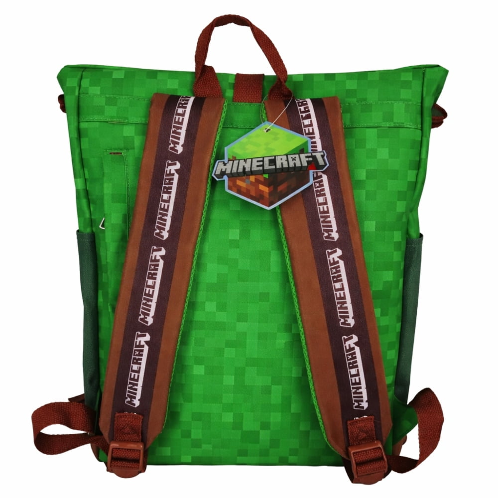 Mochila Minecraft verde, vista trasera con tirantes con logo Minecraft