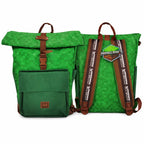 Mochila Minecraft verde pixelada, vistas frontal y trasera juntas