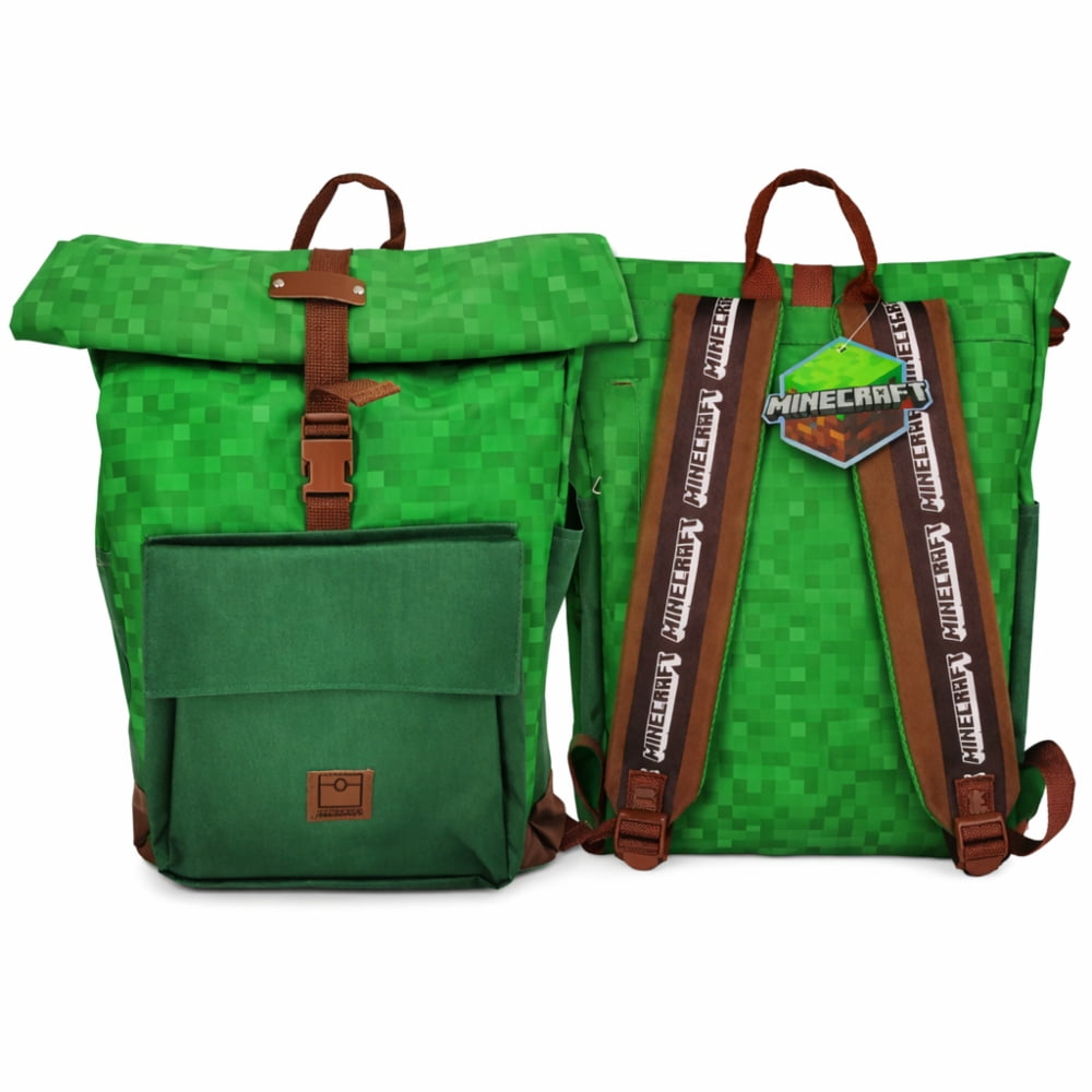 Mochila Minecraft verde pixelada, vistas frontal y trasera juntas