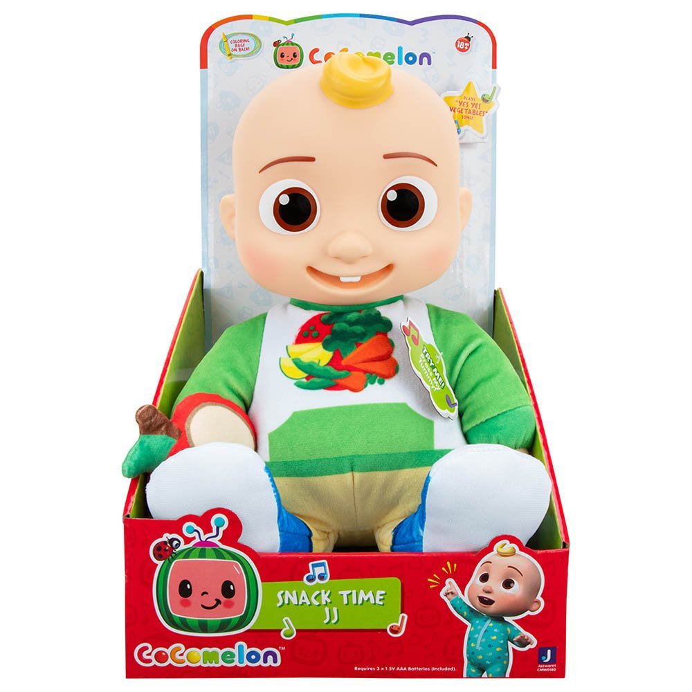 Peluche CoComelon Snack Time JJ en su caja roja con manzana y polera de verduras
