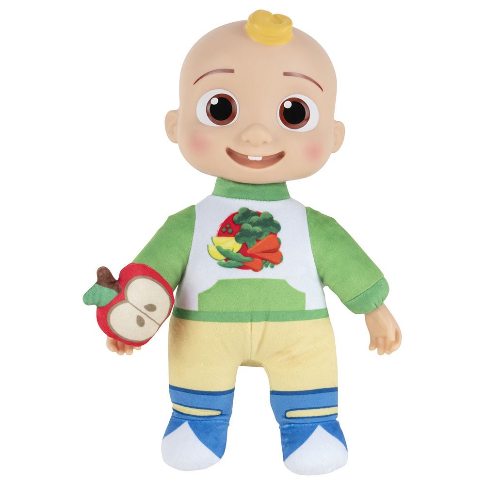 Muñeco JJ de CoComelon con polera de verduras sosteniendo una manzana de peluche