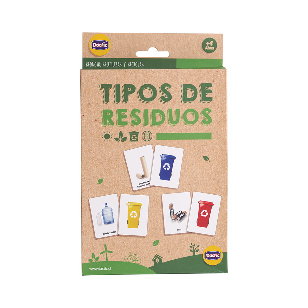 Caja frontal de las láminas Tipos de residuos de Dactic con tarjetas de contenedores de colores