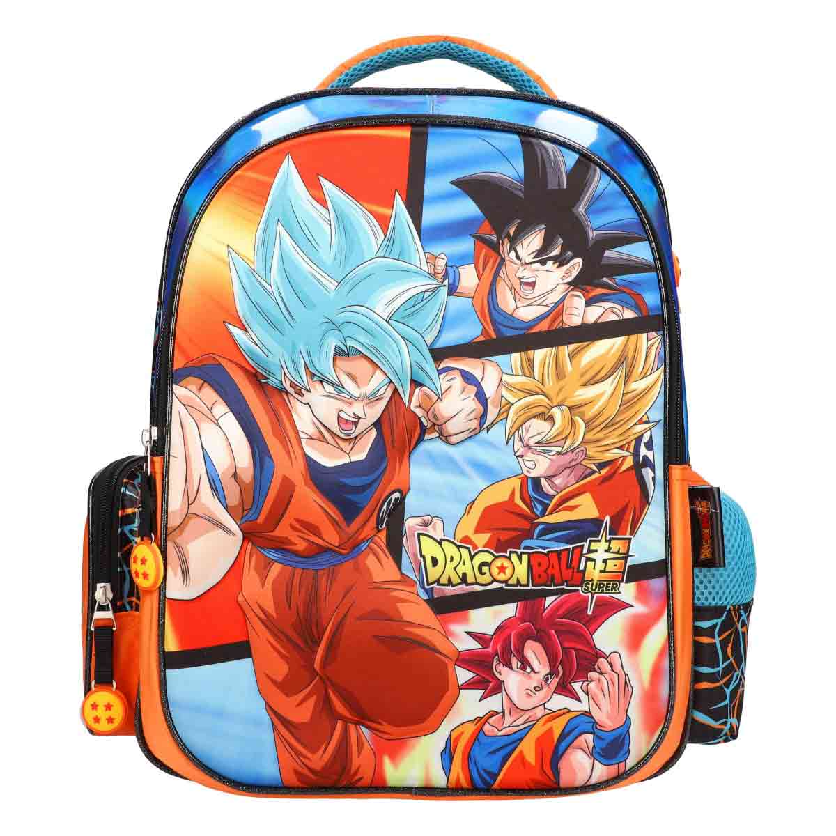 Mochila Dragon Ball Super azul con ilustraciones de Goku en distintas transformaciones