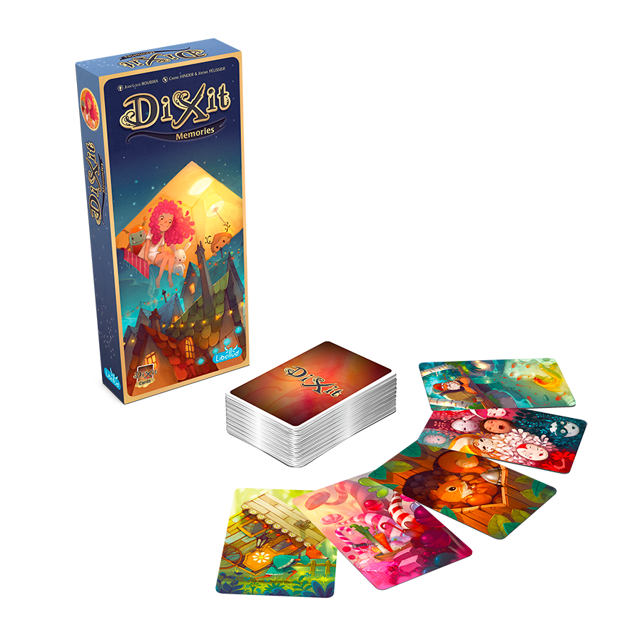 Caja de la expansión Dixit Memories junto al mazo y cartas ilustradas