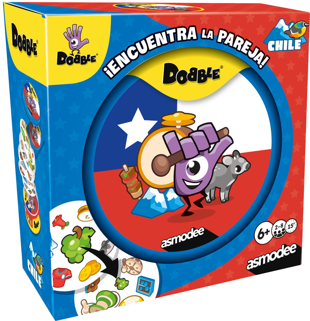 Caja del juego Dobble Chile de Asmodee con la bandera chilena y la mascota Dobble