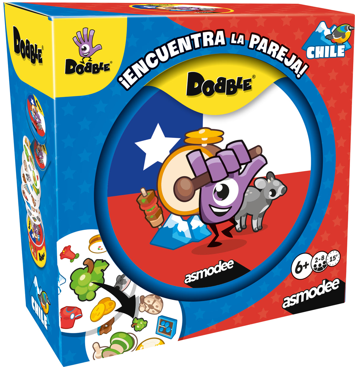 Caja del juego Dobble Chile de Asmodee con la bandera chilena y la mascota Dobble