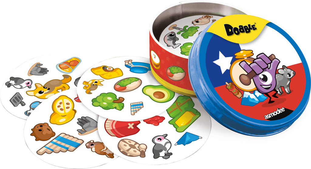 Cartas de Dobble Chile con símbolos chilenos junto a la lata redonda abierta