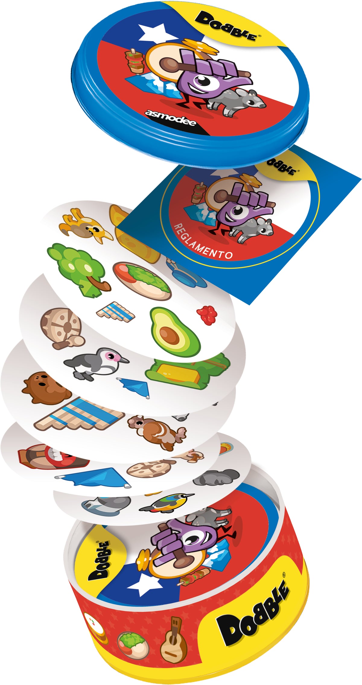 Contenido de Dobble Chile: lata, reglamento y pila de cartas ilustradas