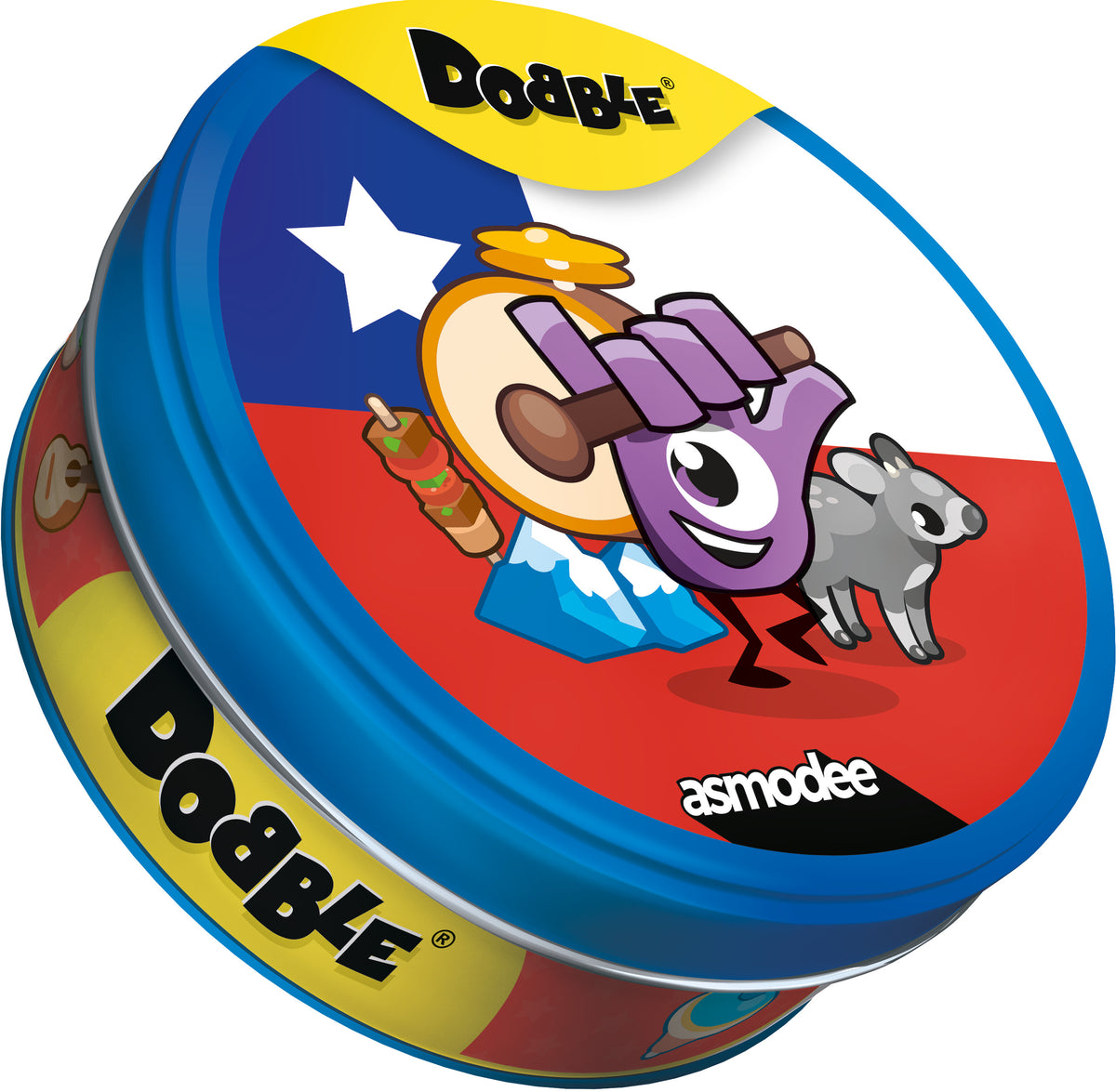 Lata metálica de Dobble Chile con la bandera de Chile en la tapa