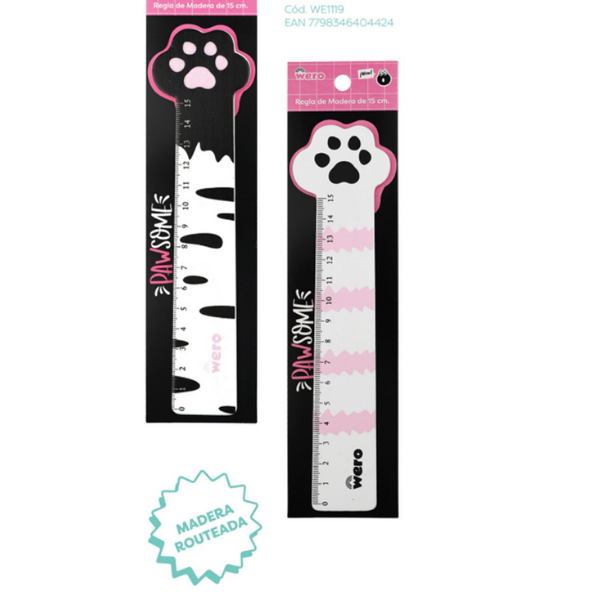Reglas de madera Wero Pawsome de 15 cm con forma de patita de gato, diseños negro y rosado