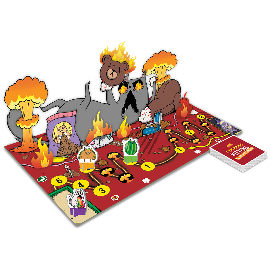 Tablero 3D de Exploding Kittens armado con fichas y mazo de cartas