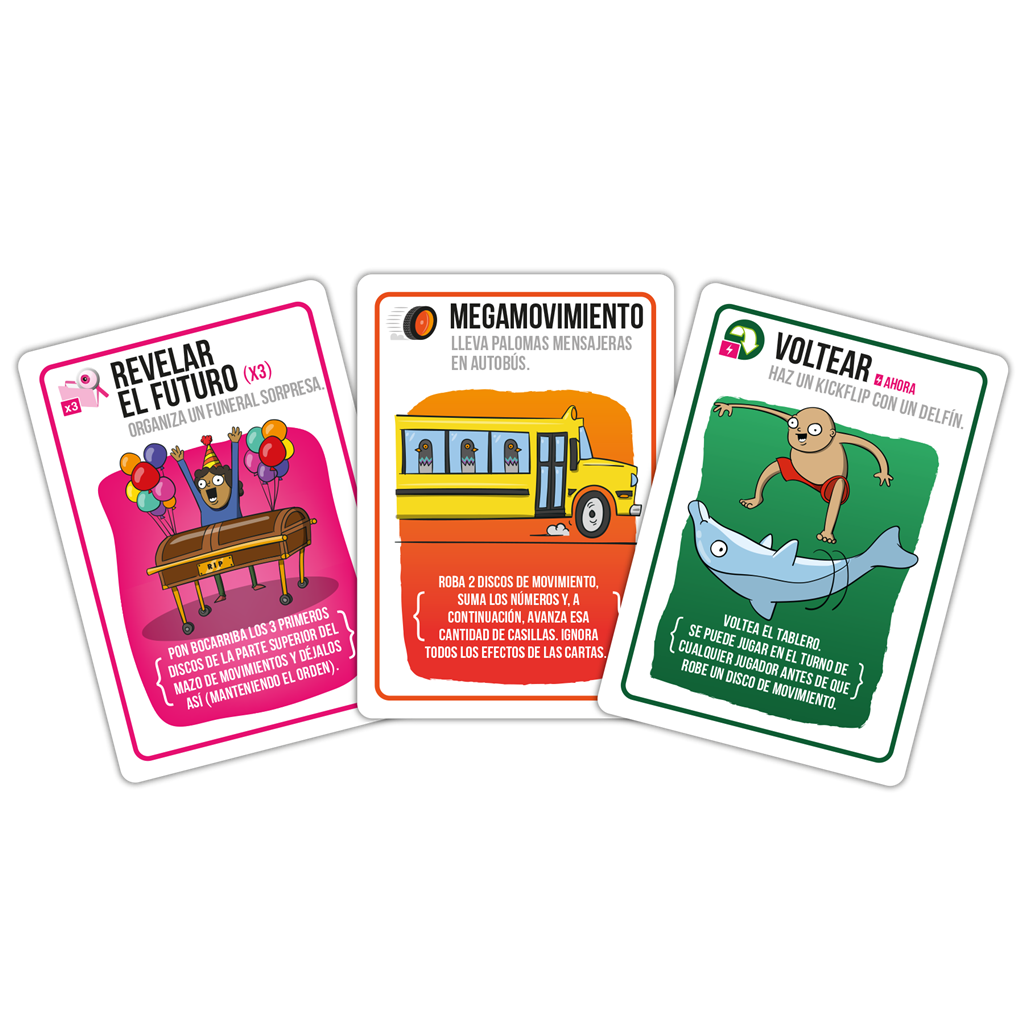 Cartas de acción en español Revelar el futuro, Megamovimiento y Voltear