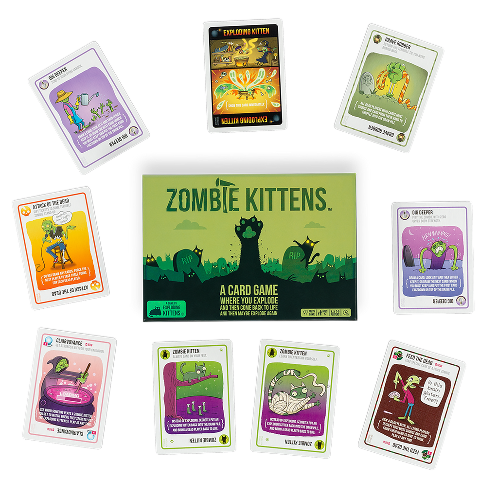 Caja Zombie Kittens rodeada de cartas del juego con zombies y gatitos