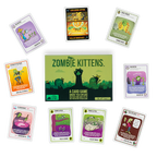 Caja Zombie Kittens rodeada de cartas del juego con zombies y gatitos