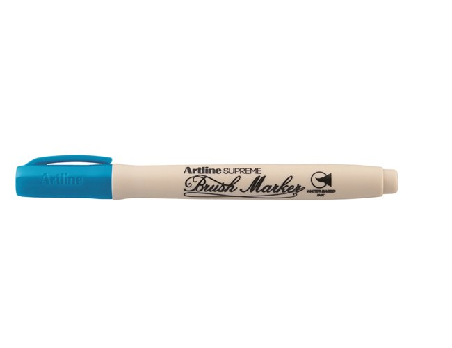 Plumón Artline Supreme Brush Marker con tapa azul cielo y cuerpo color crema