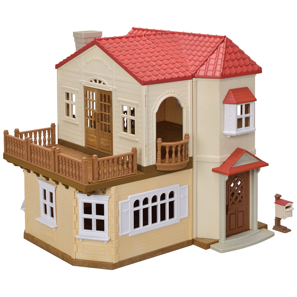 Casa Red Roof Country Home de Sylvanian Families cerrada, con balcón y buzón